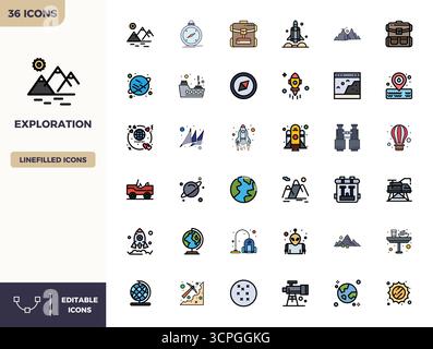 Download 36 scalable Flat Lineal Color vector icons designed for Exploration, featuring PIXEL perfect 128x128 resolution suitable for professional and Stock Vector