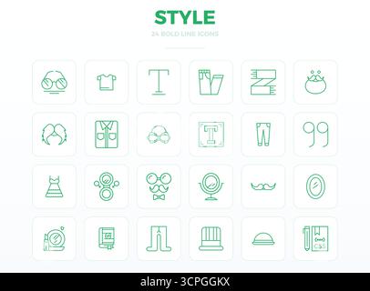 Vector pack with 24 Strong Outline PIXEL perfect icons inspired by Style, delivered in 128x128 resolution ideal for scalable and creative design work. Stock Vector