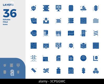 Innovative pack of 36 vector icons themed around Layers, showcasing Glyph Filled design in 128x128 PIXEL perfect format for modern digital solutions. Stock Vector