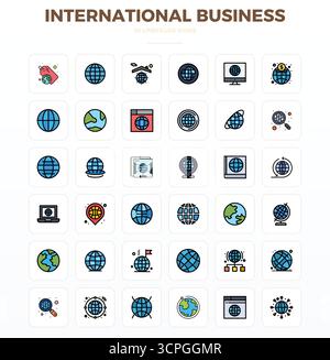 Precision-engineered 36 LineFill vector icons for International Business, designed at 128x128 PIXEL perfect resolution for exceptional clarity and sca Stock Vector