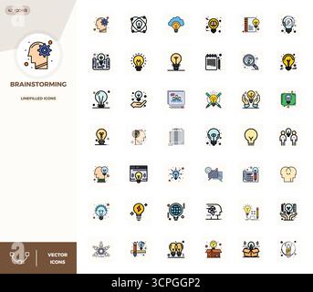 Professionally designed 42 vector icons in LineFilled, capturing the essence of Brainstorming with 128x128 PIXEL perfect precision for UI design. Stock Vector