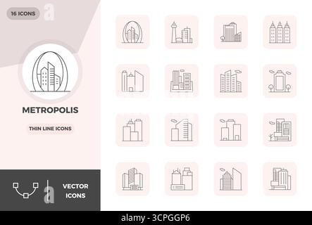 Explore 16 Thin Line PIXEL perfect vector icons in 128x128 resolution inspired by Metropolis. Perfect for web and app interfaces. Stock Vector