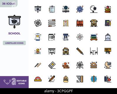 Vector pack with 36 Flat Lineal Color PIXEL perfect icons inspired by School, delivered in 128x128 resolution ideal for scalable and creative design w Stock Vector