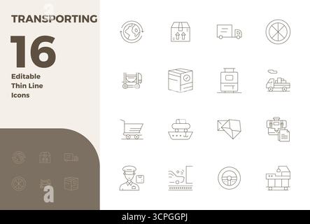 Thoughtfully designed 16 vector icons themed around Transporting, crafted in Thin Line with 128x128 PIXEL perfect precision for contemporary design ne Stock Vector