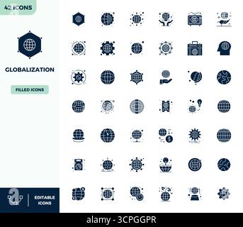 Sophisticated bundle of 42 Filled vector icons for Globalization, engineered with 128x128 PIXEL perfect clarity for professional applications. Stock Vector