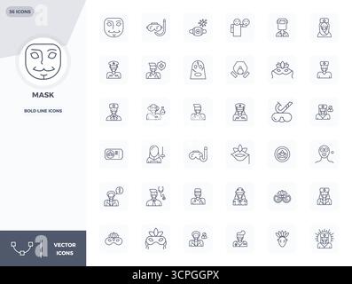 Unlock 36 Bold Line PIXEL perfect vector icons inspired by Mask, optimized in 128x128 format for flawless display across all devices. Stock Vector