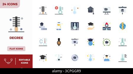 Comprehensive bundle featuring 24 vector icons in Flat Color design for Degree, delivered in crisp 128x128 PIXEL perfect quality. Stock Vector