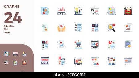 Distinctive pack of 24 PIXEL perfect vector icons inspired by Graphs, crafted in Flat format at 128x128 for memorable brand experiences. Stock Vector