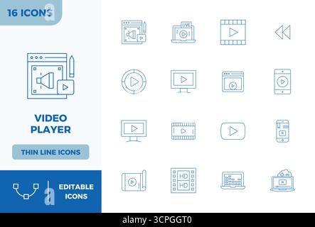Artfully designed 16 Minimal Line PIXEL perfect vector icons for Video Player, delivered in 128x128 format for consistent visual excellence. Stock Vector