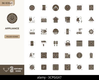 Innovative pack of 36 vector icons themed around Appliance, showcasing Filled design in 128x128 PIXEL perfect format for modern digital solutions. Stock Vector