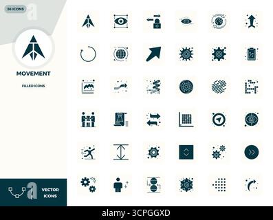 Distinctive pack of 36 PIXEL perfect vector icons inspired by Movement, crafted in Filled format at 128x128 for memorable brand experiences. Stock Vector