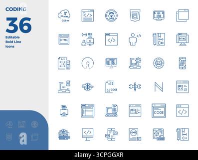 Complete package of 36 vector icons themed around Coding, showcasing Bold Line design in 128x128 PIXEL perfect quality for modern interfaces. Stock Vector