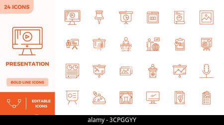 Complete package of 24 vector icons themed around Presentation, showcasing Heavy Line design in 128x128 PIXEL perfect quality for modern interfaces. Stock Vector