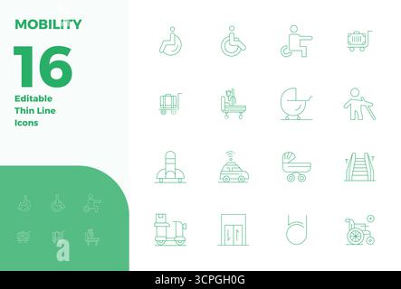 Innovative pack of 16 vector icons themed around Mobility, showcasing Thin Line design in 128x128 PIXEL perfect format for modern digital solutions. Stock Vector