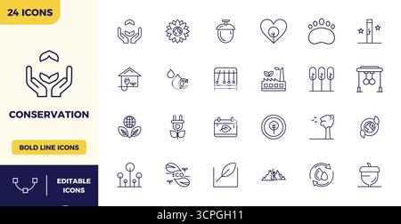 This collection features 24 Heavy Line PIXEL perfect vector icons tailored to the Conservation theme, optimized in 128x128 format for digital design. Stock Vector