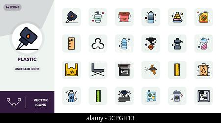 Advanced collection of 24 PIXEL perfect vector icons inspired by Plastic, crafted in LineFilled with 128x128 optimization for superior visual performa Stock Vector