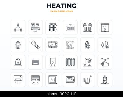 Revolutionary set of 24 PIXEL perfect vector icons inspired by Heating, created in Strong Outline format at 128x128 resolution for cutting-edge design Stock Vector