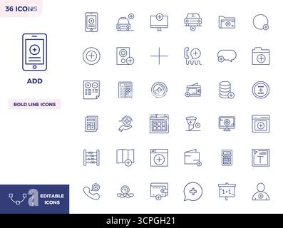 Ultimate collection of 36 vector icons representing Add in Heavy Line aesthetic, optimized with 128x128 PIXEL perfect resolution for maximum impact. Stock Vector