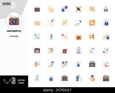 Exceptional collection of 36 Flat vector icons for Antiseptic, delivered in 128x128 PIXEL perfect resolution for unparalleled visual excellence and us Stock Vector