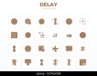 Distinctive pack of 24 PIXEL perfect vector icons inspired by Delay, crafted in SolidFill format at 128x128 for memorable brand experiences. Stock Vector
