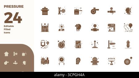 Thoughtfully designed 24 vector icons themed around Pressure, crafted in Glyph Filled with 128x128 PIXEL perfect precision for contemporary design nee Stock Vector