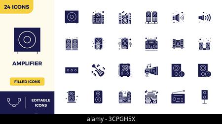 Download 24 scalable Filled vector icons designed for Amplifier, featuring PIXEL perfect 128x128 resolution suitable for professional and creative pro Stock Vector