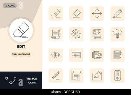 Future-ready pack of 16 vector icons themed around Edit, showcasing Thin Line design with 128x128 PIXEL perfect clarity for innovative user interfaces Stock Vector