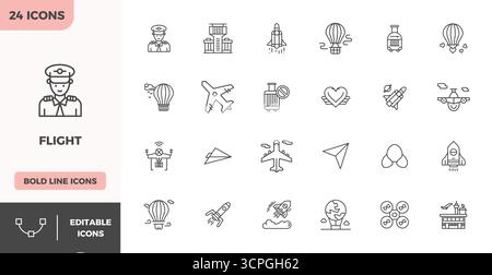 This collection features 24 Heavy Line PIXEL perfect vector icons tailored to the Flight theme, optimized in 128x128 format for digital design. Stock Vector