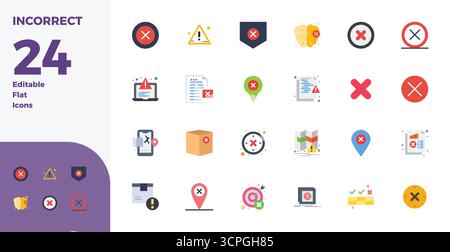 A dynamic set of 24 vector icons in Flat, tailored for Incorrect with 128x128 PIXEL perfect quality suited for digital products. Stock Vector