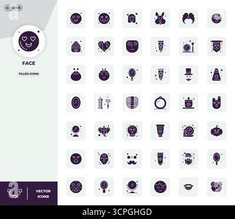 Contemporary collection of 42 vector icons representing Face in Filled aesthetic, featuring 128x128 PIXEL perfect resolution for modern application de Stock Vector
