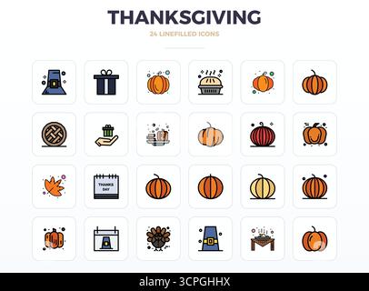 This set of 24 LineFill vector icons captures Thanksgiving themes in 128x128 PIXEL perfect quality, perfect for tech and business applications. Stock Vector