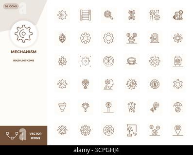 State-of-the-art bundle featuring 36 PIXEL perfect vector icons inspired by Mechanism, created in Bold Line format at 128x128 for next-generation inte Stock Vector
