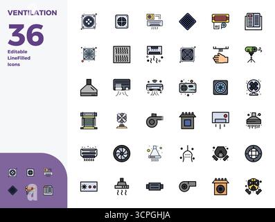 A versatile set of 36 Duotone PIXEL perfect vector icons focused on Ventilation, delivered in crisp 128x128 format ideal for mobile and web applicatio Stock Vector