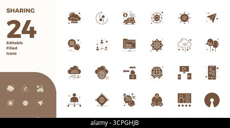 State-of-the-art bundle featuring 24 PIXEL perfect vector icons inspired by Sharing, created in Glyph Filled format at 128x128 for next-generation int Stock Vector
