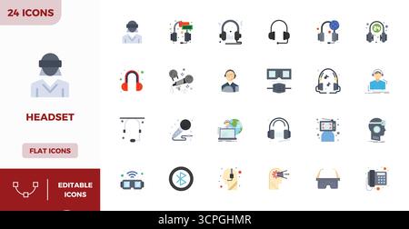 A dynamic set of 24 vector icons in Flat Color, tailored for Headset with 128x128 PIXEL perfect quality suited for digital products. Stock Vector