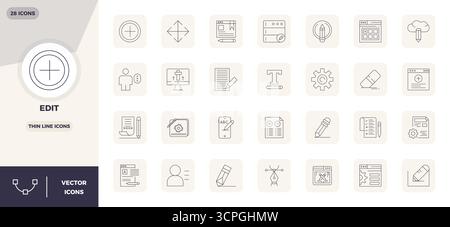 Industry-leading pack of 28 Thin Line PIXEL perfect vector icons for Edit, sized at 128x128 for optimal rendering and user interface excellence. Stock Vector