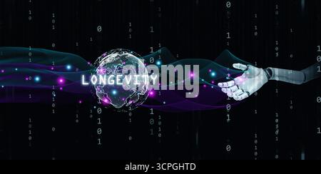 Artificial intelligence robot hand holding global longevity concept with binary numbers, neon wave, and digital earth, representing advanced technolog Stock Photo