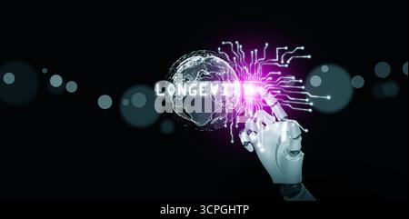 Artificial intelligence robot hand highlighting longevity with digital globe and neon circuits, representing global healthcare, biotechnology, innovat Stock Photo