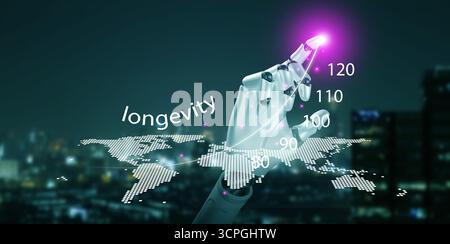 Artificial intelligence robot hand presenting longevity with global map and numeric data visualization, representing innovation, biotechnology, health Stock Photo