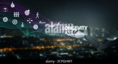 Artificial intelligence robot hand presenting longevity with wellness icons like sleep, exercise, diet, meditation, representing future healthcare, bi Stock Photo