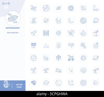 High-performance collection of 42 Bold Line vector icons for Astronomy, engineered with 128x128 PIXEL perfect resolution for optimal user interface de Stock Vector