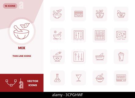 Thoughtfully designed 16 vector icons themed around Mix, crafted in Thin Line with 128x128 PIXEL perfect precision for contemporary design needs. Stock Vector
