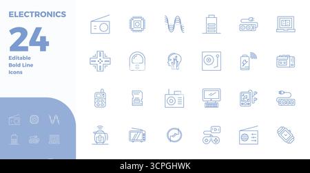 Set of 24 Bold Line PIXEL perfect vector icons themed around Electronics, crafted in 128x128 resolution for seamless integration in apps and websites. Stock Vector