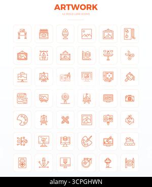 Revolutionary set of 42 PIXEL perfect vector icons inspired by Artwork, created in Strong Outline format at 128x128 resolution for cutting-edge design Stock Vector