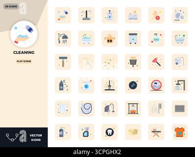 This collection features 36 Flat PIXEL perfect vector icons tailored to the Cleaning theme, optimized in 128x128 format for digital design. Stock Vector