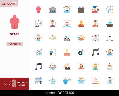 Complete package of 36 vector icons themed around Staff, showcasing Flat Color design in 128x128 PIXEL perfect quality for modern interfaces. Stock Vector