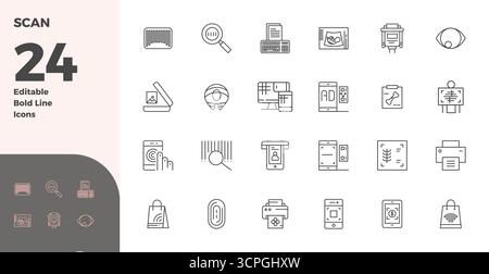 Innovative pack of 24 vector icons themed around Scan, showcasing Bold Line design in 128x128 PIXEL perfect format for modern digital solutions. Stock Vector