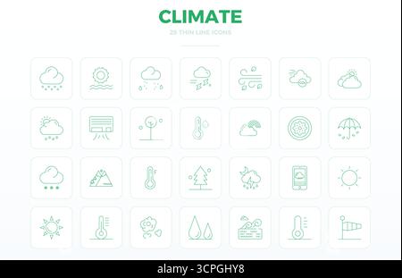 High-performance collection of 28 Thin Outline vector icons for Climate, engineered with 128x128 PIXEL perfect resolution for optimal user interface d Stock Vector