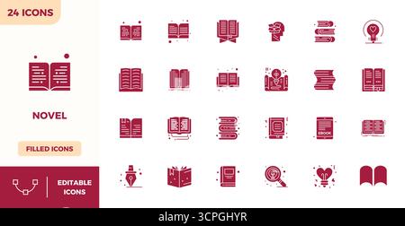 Comprehensive toolkit of 24 vector icons themed around Novel, developed in Filled with 128x128 PIXEL perfect precision for versatile design applicatio Stock Vector