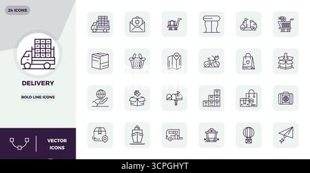 Exceptional collection of 24 Bold Line vector icons for Delivery, delivered in 128x128 PIXEL perfect resolution for unparalleled visual excellence and Stock Vector